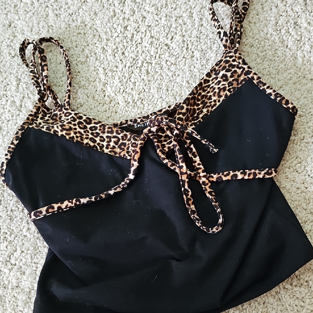 Leopard Trim Black Women's Top